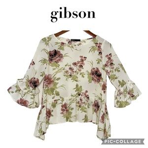 Gibson ruffled peplum 3/4 bell sleeves floral top petite small